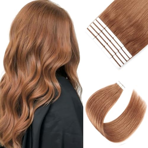 Image of Sixstarhair Medium Auburn Tape in Hair Extensions Remy Human Hair Copper Tape in Hair Extensions with Double Sided Tape [Color 30 Medium Auburn 12inch]