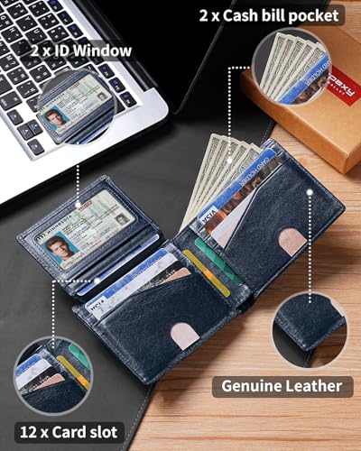 Image of Artpaxy Mens Wallet Bifold Genuine Leather RFID Blocking Wallet for Men with 2 ID Windows 12 Card Holders 2 cash pockets 1 Gift Box