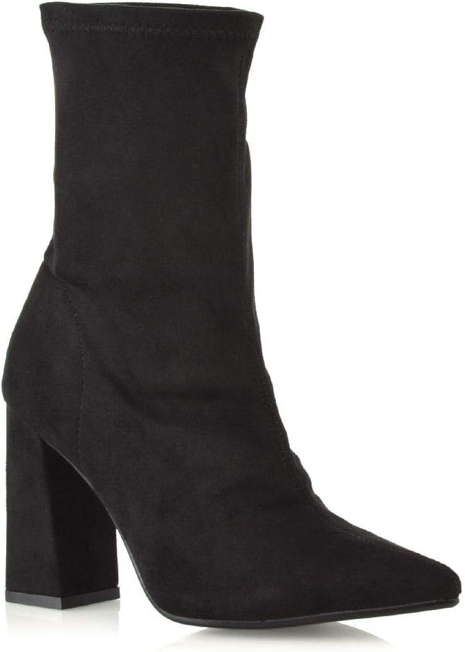 Womens Block Heel Sock Boots Ladies Black Micro Stretchy Pull On High Heeled Ankle Boot Shoes 9 B(M) US