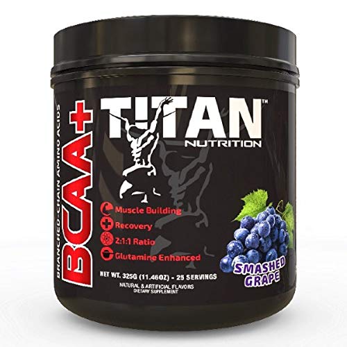 TITAN BCAA+: Branched Chain Amino Acids enhanced with glutamine- Aids in Muscle Recovery, Increase Muscle Protein Synthesis, and Improve Lean Body Mass-Perfect 2:1:1 BCAA ratio- 50 ser (Smashed Grape)