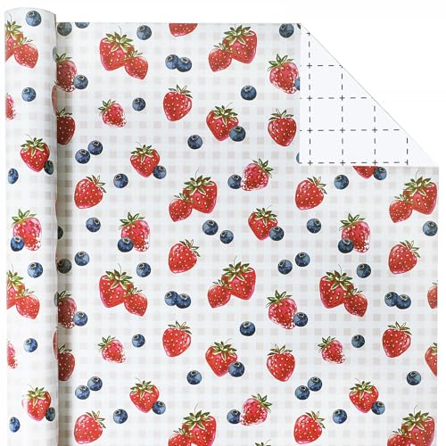 LaRibbons Strawberry & Blueberry Gift Wrapping Paper Mini Roll Cute Watercolor Fruit Pattern Pink Gingham Background Perfect for Birthday Celebration Summer Parties 17 x 33(46.7 sq. ft)