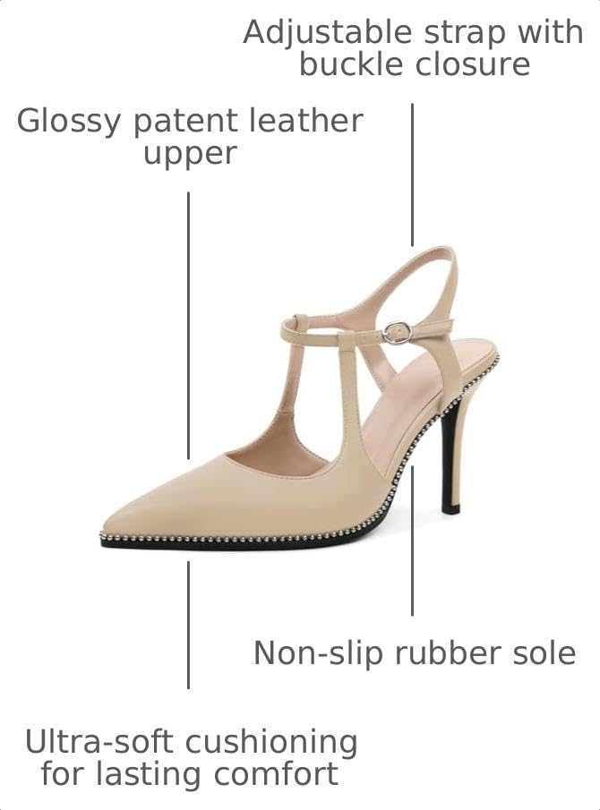 Image of SAMMITOP Womens High Heels Ankle Strap Pointed Toe Stilettos Patent Leather Beaded Pumps Dress Shoes 3.5 Inch