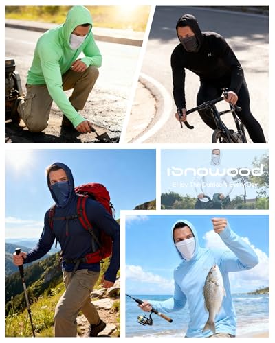 Image of isnowood Sun Shirt UPF 50+ Men's Fishing Long Sleeve UV Protection Hoodie Hiking Rash Guard Swimming Running