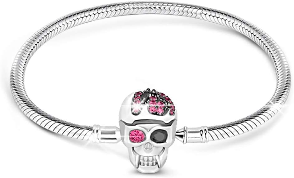 GNOCE "Elegant Skull" Skull Bracelet With Eye-Catching Black And Fuchsia Crystals Handcrafted Sterling Silver With An Elegant Bangle Fit All Major Brands Of Charms Bracelets (22.0 Centimeters（8.7in）)