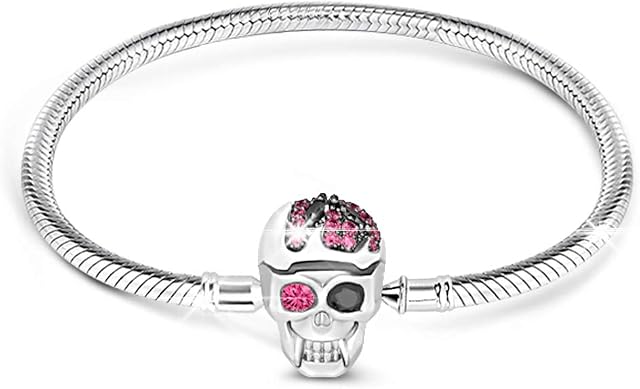 GNOCE"Elegant Skull" Charm Bracelet Sterling Silver DIY Snake Chain Basic Charm Bangle with Skull Clasp