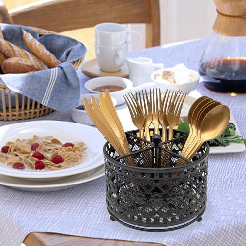 DysanVica 360° Rotating Metal Utensil Caddy - 4 Compartment Vintage Silverware Cutlery Holder Fork Spoon Napkin Organizer Flatware Storage Basket Party Countertop Buffet Picnic Camping Outdoor Black - Image 4
