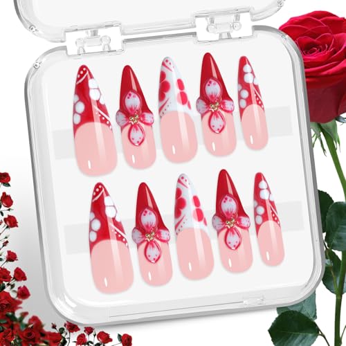 Red French Press On Nails 10pcs, Handmade Acrylic Almond Tips