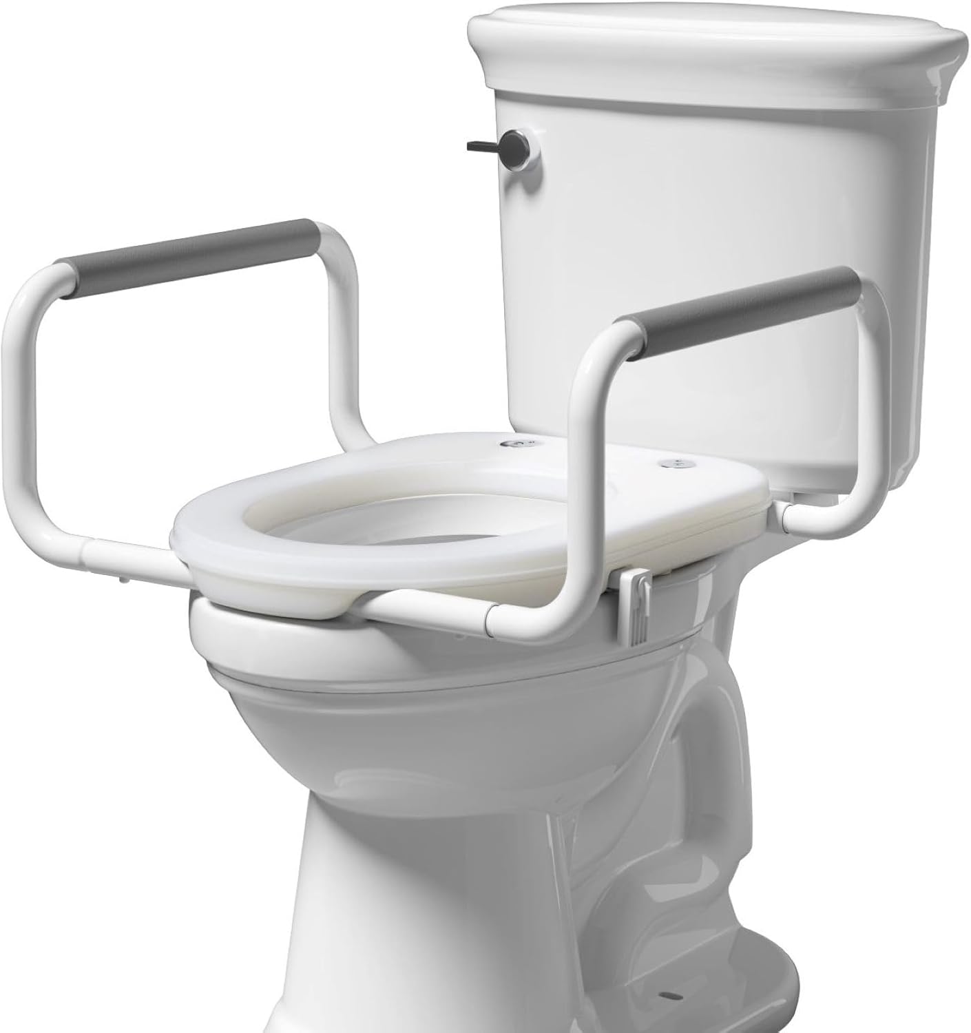 R&T 2" Toilet Seat Riser with Handles – Comfortable Raised Toilet Seat for Seniors, Fits for Elongated Toilets, Elevated Seat with Soft Grey Padded Arms for Bathroom