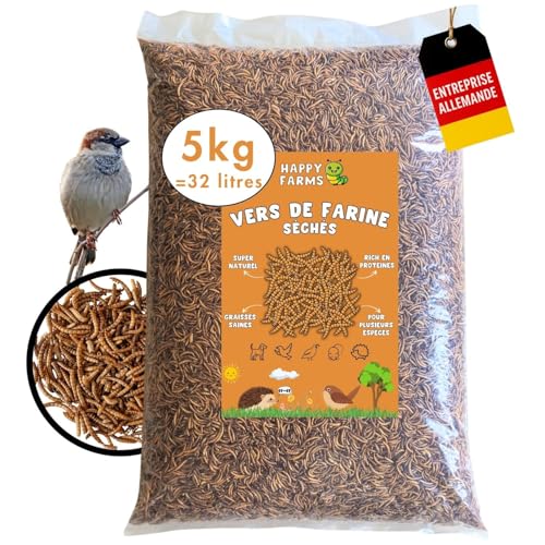 HappyFarms vers de Farine séchés - 5 kg - Nourriture Naturelle de qualité supérieure pour Oiseaux Sauvages, Reptiles et hérissons