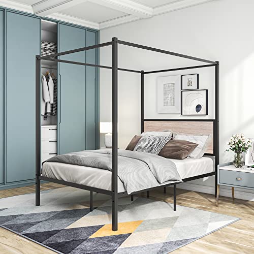Jurmerry Metal Canopy Platform Bed Frame With Wooden Headboard/No Box Spring Need/Mattress Support Easy Assembly Full,Black Oak #TOP20