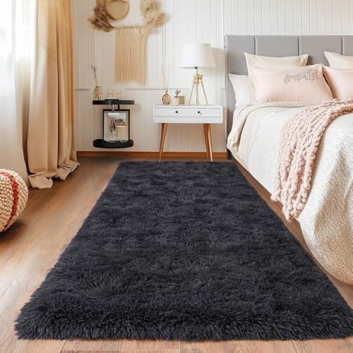 Runner Rugs for Bedroom, 2x6 Fluffy Throw Area Rug Non Slip for Bedside Dorm Hallways, Long Soft Shag Carpet for Nursery Living Room, Charcoal Gray