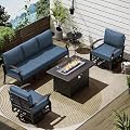 ASJMR Patio Furniture Set 5-Piece Aluminum Armrest Sofa, Modern Outdoor Living Room Set with 55000 BTU Propane Aluminum Fireplace, Outdoor Rotary Joystick with Thick Cushion