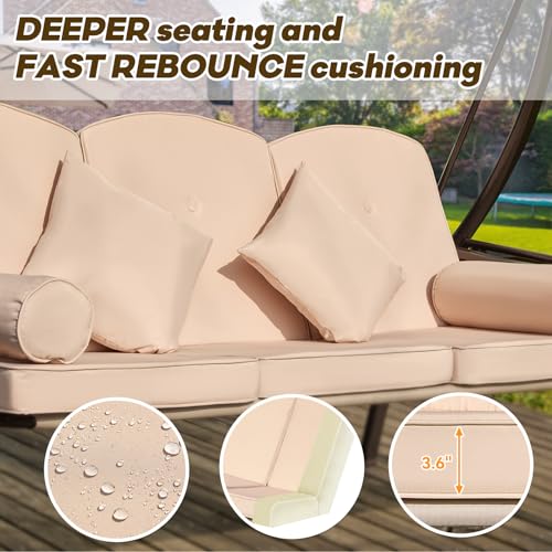 Image of 3 in 1 Outdoor Porch Swing with Adjustable Canopy, 3 Seat Outdoor Swing for Adults, Patio Swing Chair with Thickened Cushions,Pillows & Cup Holders for Backyard, Porch, Garden (Khaki)