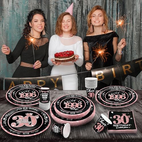 Image of 30th Birthday Decorations Rose Gold, Service for 30, Vintage 30th Birthday Party Supplies Includes Rose Gold 1996 Plates, Napkins,Cups, Plates and Napkins for Women