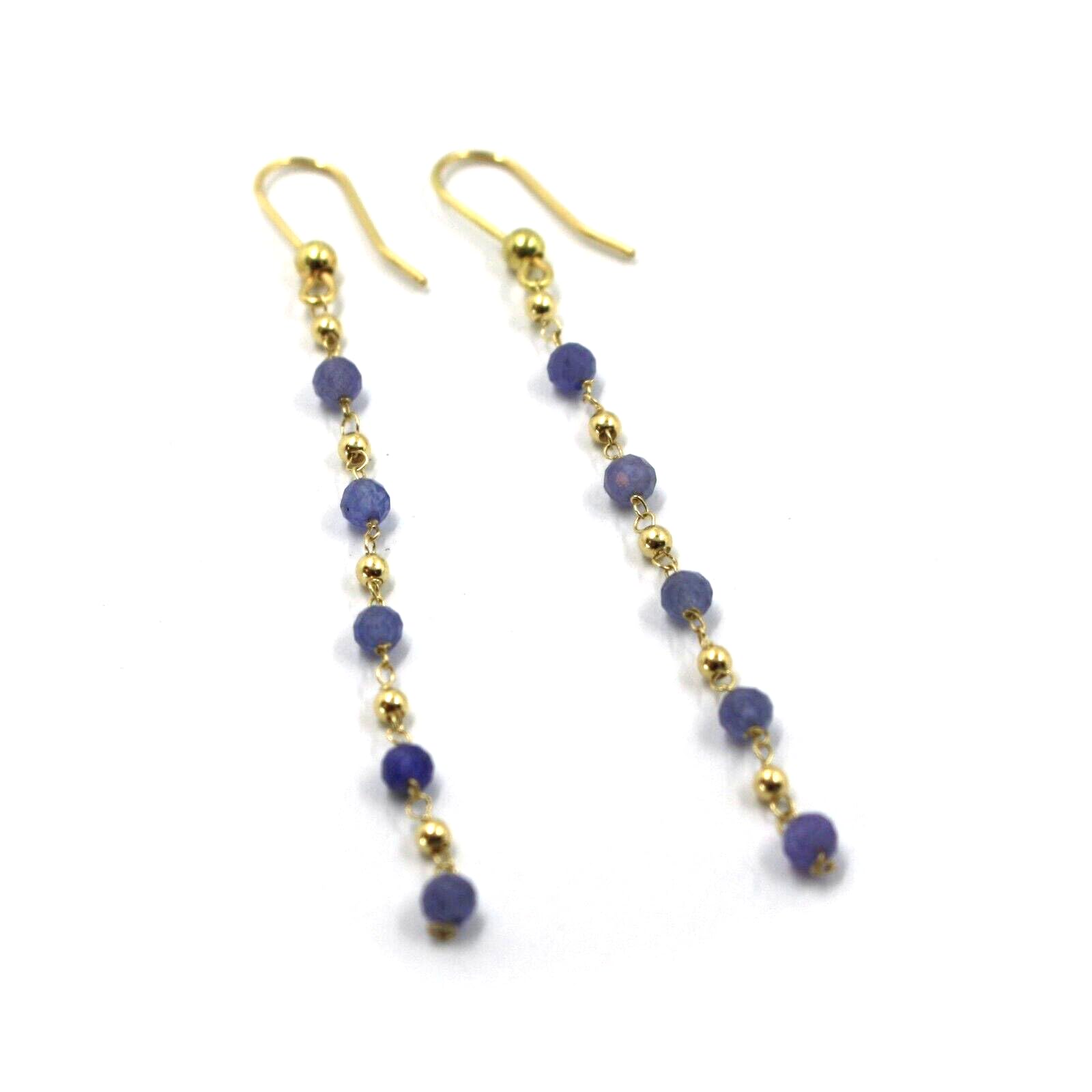 ORECCHINI IN ORO GIALLO 750, 18K, PENDENTI, CON TANZANITE SFACETTATA BLU E SFERE ALTERNATE, LUNGHEZZA 6.5 CM.