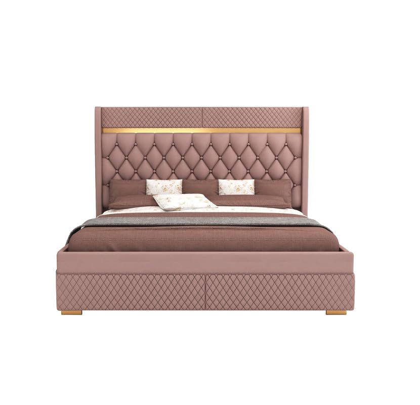 Image of MAMTA DECORATION Solid Wood King Size Bed with Hydraulic Box Storage | Premium Velvet Upholstered Tufted Headboard Double Bed | Wooden Cot Bed for Bedroom, Home, Hotel & Guest Room | Onion Pink Finish