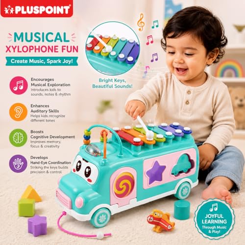 Image of PLUSPOINT Activity Bus Musical Toy for Toddlers | School Bus Xylophone with Shape Sorter & Knocking Game | Educational Learning Toy for 1+ Year Old Boys & Girls | Birthday Gift
