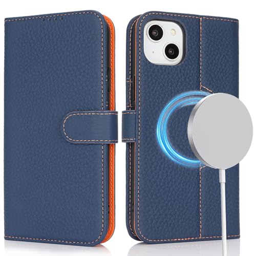 ELTEKER Handyhülle für iPhone 15 Hülle [Echtes Leder] Klapphülle Schutzhülle Flip Case - Dunkelblau