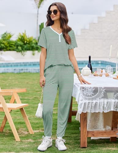 Image of Ekouaer Pajamas for Women Set 2 Piece Fall Lounge Sets Short Sleeve Pjs Joggers Long Pants Sleepwear with Pockets