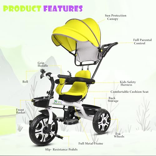 Image of BABY SMILE 4-in-1 Kids Tricycle with Adjustable Canopy, Parent Push Handle, Red and White (Yellow)
