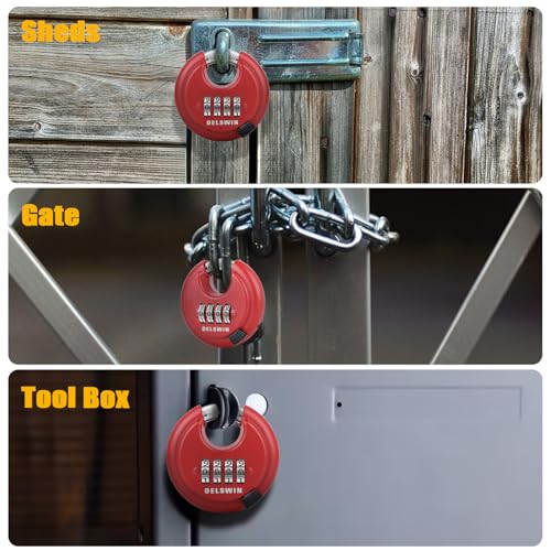 Image of DELSWIN 4-Digit Disc Combination Lock Outdoor - Heavy Duty Combination Padlocks with Hardened Steel Shackle Weatherproof Combo Locks for Gates,Sheds,Fence,Storage Unit (3 /8 inch Shackle, Black and Red)