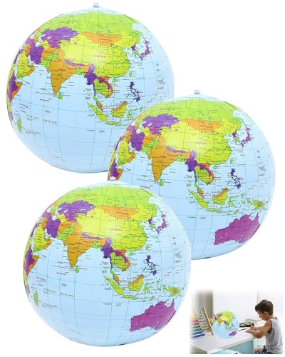 ZKUNL Globo Terráqueo Hinchable, Inflable Geografía Mapa, Globo del Mundo Inflable Mapa,Globo de la Tierra,3 Bbolas de Globo Mundial de PVC, para la Playa Escuela Educación Enseñanza Niños