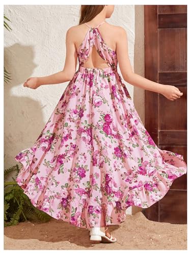 Verdusa Girl's Floral Print High Low Halter Dress Cut Out Back Sleeveless Ruffled Flowy Dress3