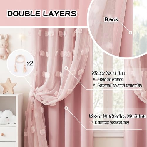 Image of MYSKY HOME Double Layer Curtains for Girls Bedroom Kids Curtain Pink Pom Pom Sheer Window Curtains 2 Panels Pink Curtains Grommet Room Darkening Solid Nursery Curtains 63 Inches Length, W52 X L63