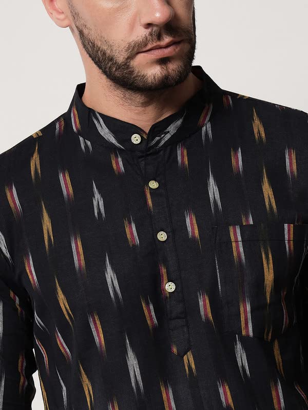 Image of Vastraa Fusion Men's Handloom Weaving Pure Cotton Short Kurta, Round Collar, Full Sleeves,Button Kurta, Ethnic Wear
