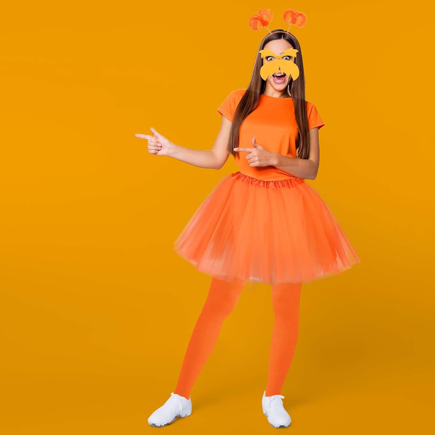 Honic 6Pcs Orange Cartoon Costume Yellow Fake Mustache Glasses with Orange T-shirt Headband Tutu Skirt Gloves Socks for Women - Image 7