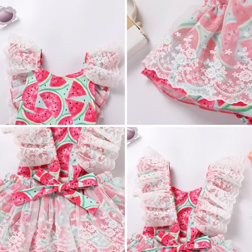 ODASDO Baby Girls Floral Lace Strawberry/Watermelon/Ice Cream Print Ruffle Romper Dress with Bowknot Headband Set4