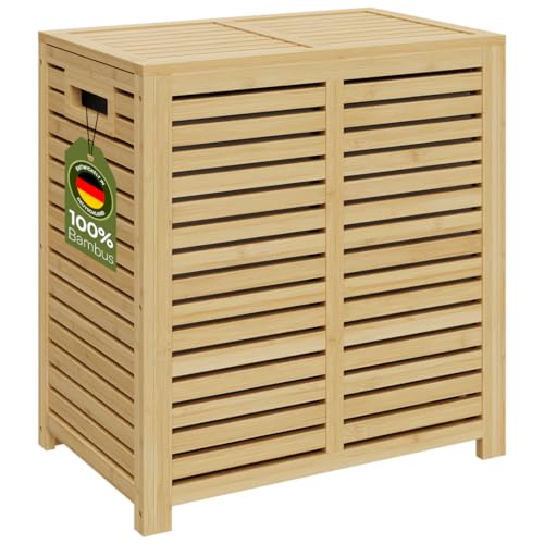 Bellamio Newa Wäschekorb aus Bambus Wäschesammler 1 Fach 80 L Wäschetonne mit Deckel Wäschesack herausnehmbar & waschbar aus Oxford Gewebe Wäschetruhe Wäschebox 50x33x62 cm (HxTxB)