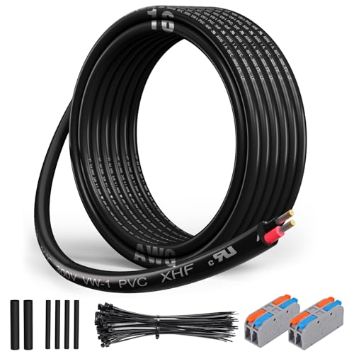 XHF UL Listed 16 Ga Wire 2 Conductor Electrical Wire Tinned Copper Stranded PVC Cord for Automotive Lamp Cord Wire Marine Cable RV 15Ft Black