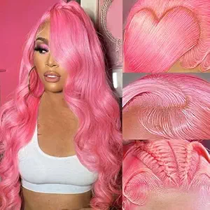 28 Inch Pink Human Hair Wig 200 Density Body Wave 13x4 HD Lace Front Wigs Human Hair Pre Plucked Colored lace Frontal Wigs Pink Lace Front Wig