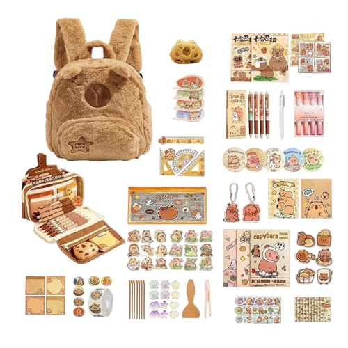 Juego de papelería Capibara – Bolso bandolera de peluche con herramientas de papel con temática de animales, colección de artículos esenciales para escritorio para estudiantes adultos, kit de