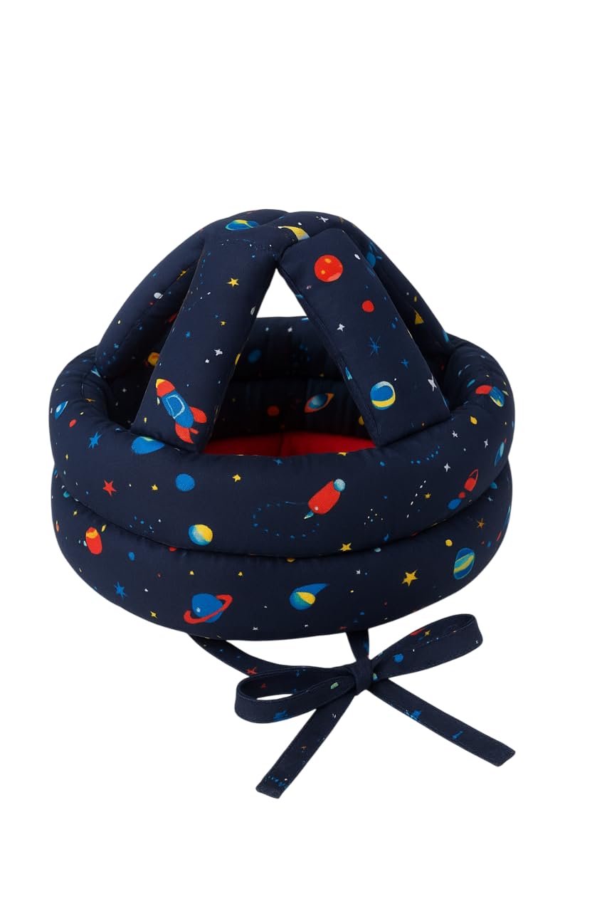 Bubs and Beyond Adjustable Baby Safety Head Protection Cap –Soft Cotton Dinosaur Print Helmet with Chin Strap Toddlers (Navy Blue)-image-1
