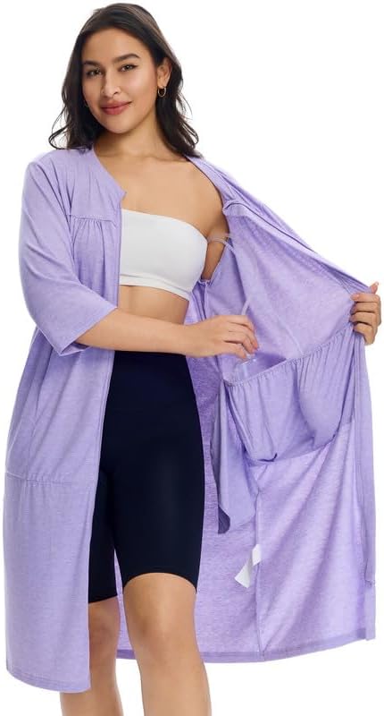 Women’s Post Surgery Robe & Hospital Gown with Zipper, Drain & Side Pockets, Mastectomy Recovery Pajamas & Gift