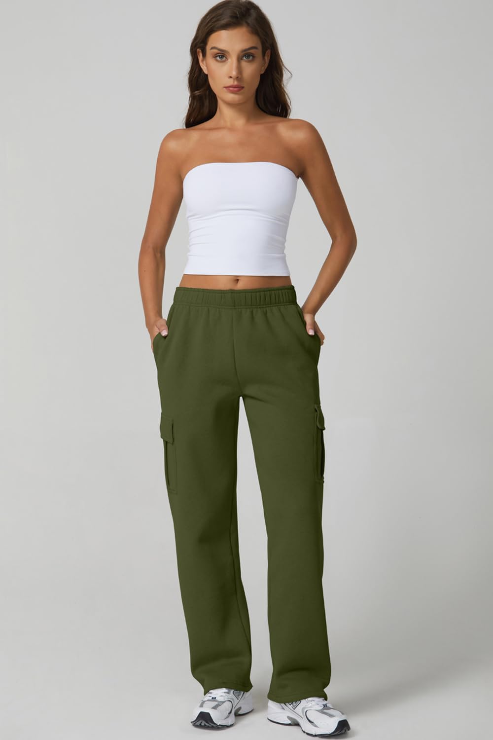 QINSEN Womens Medium Waist Baggy Elastic Waist Sweatpants Casual Fleece Long Pants with Pockets - Image 3