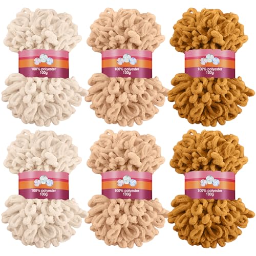 Image of Threlaco 6 Pack Loops Yarn Bulk for Finger Knitting Soft Chunky Yarn 600 G / 6 Skeins for Beginners DIY Hand Knitting No Needles or Hooks(Beige, Khaki, Turmeric)