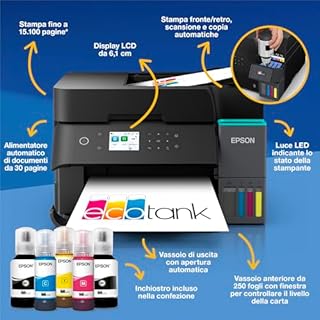 Epson EcoTank ET-3950 Stampante con Serbatoi D’inchiostro | Home Office | Wi-Fi | A4 | Fronte/Retro Stampa, Copia, Scansione | Display LCD 6.1 cm | ADF Da 30 Fogli | 3 Anni D'Inchiostro Inclusi