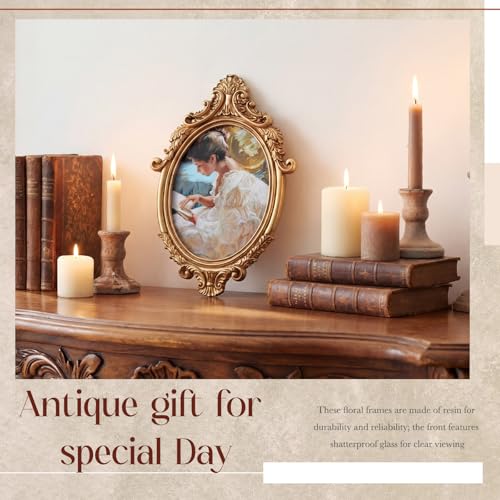 Image of Wonderjune 7x9 Inch Vintage Oval Gold Picture Frame, Carved Resin Antique Ornate Frame for Tabletop or Wall Hanging Display, Victorian Baroque Home Decor