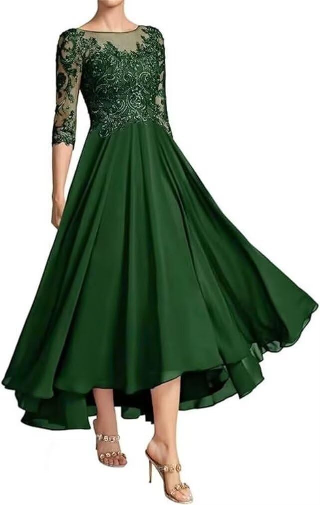 Mother of The Bride Dresses for Women Tea Length Lace Appliques 3/4 Sleeves Chiffon Formal Party Evening Gowns