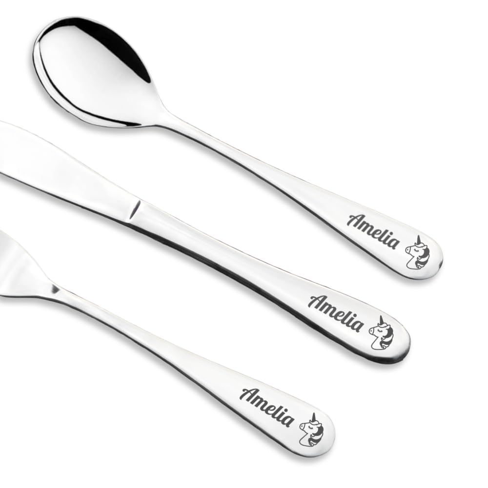 Personalised Engraved Childrens Cutlery Set Christening Birthday Kids Gift Idea (Unicorn)