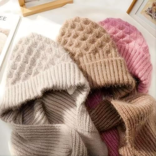 YJWZ Integrierter Gehörschutz Winddichte Mütze Schal,2 in 1 Winddichter Mützenschal Niedlich Mütze Schal Set Damen mit Brosche Winter Warm Strickmütze, Kapuzenschal für Frauen