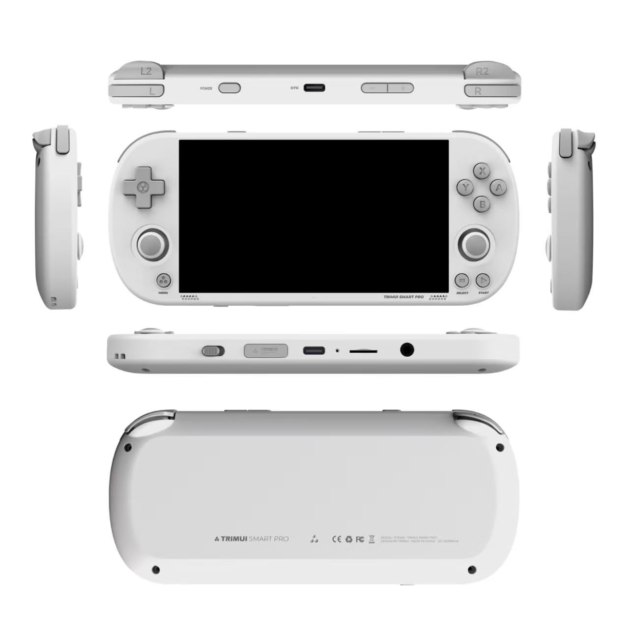 TRIMUI Smart Pro - Console da gioco portatile, batteria da 5000 mAh, 64 GB, memoria interna da 10.000 giochi, sistema Linux, schermo IPS HD da 5 pollici, design RGB Dual Joystick (bianco, 64 g)