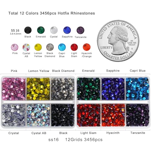 Image of Hotfix Rhinestones Mixed 12 Colors, SS16 /3456pcs | Mat:glass,4 mm, for Crafts Clothes, with Tweezers, Wax Pencils