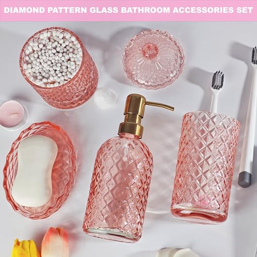 Crystal Glass Bathroom Accessories Set, 6 Pcs Light Pink Lotion Dispenser Set, Soap Dish, Toothbrush Holder, Tumbler, Cotton Swab Jars, Vintage Bathroom Decor and Crystal Glass Gift Set - Image 6