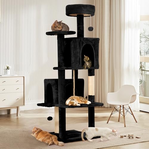 Image of 58.5inch Large Cat Tree Tower Condo for Indoor Cats, Soft Plush Multi-Level Climbing Tree Cat House with Cat Cave, Scratching Post, More Entrance /Exit, Sisal Rope, Night Black