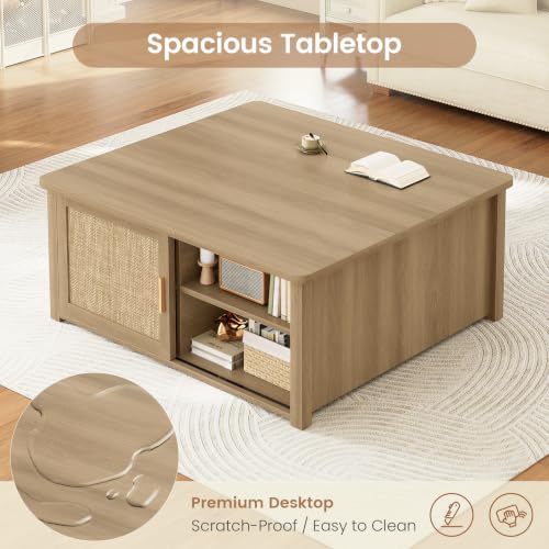 Image of SEDETA 31.5 inch Lift Top Coffee Table with Storage, Square Coffee Tables for Living Room, Farmhouse Coffee Table with Large Hidden Storage Compartment and Adjustable Shelves, Rattan Oak