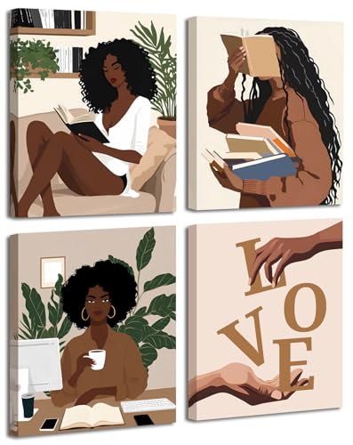 African American Books Wall Art Prints,Framed Black Girl Reading Canvas